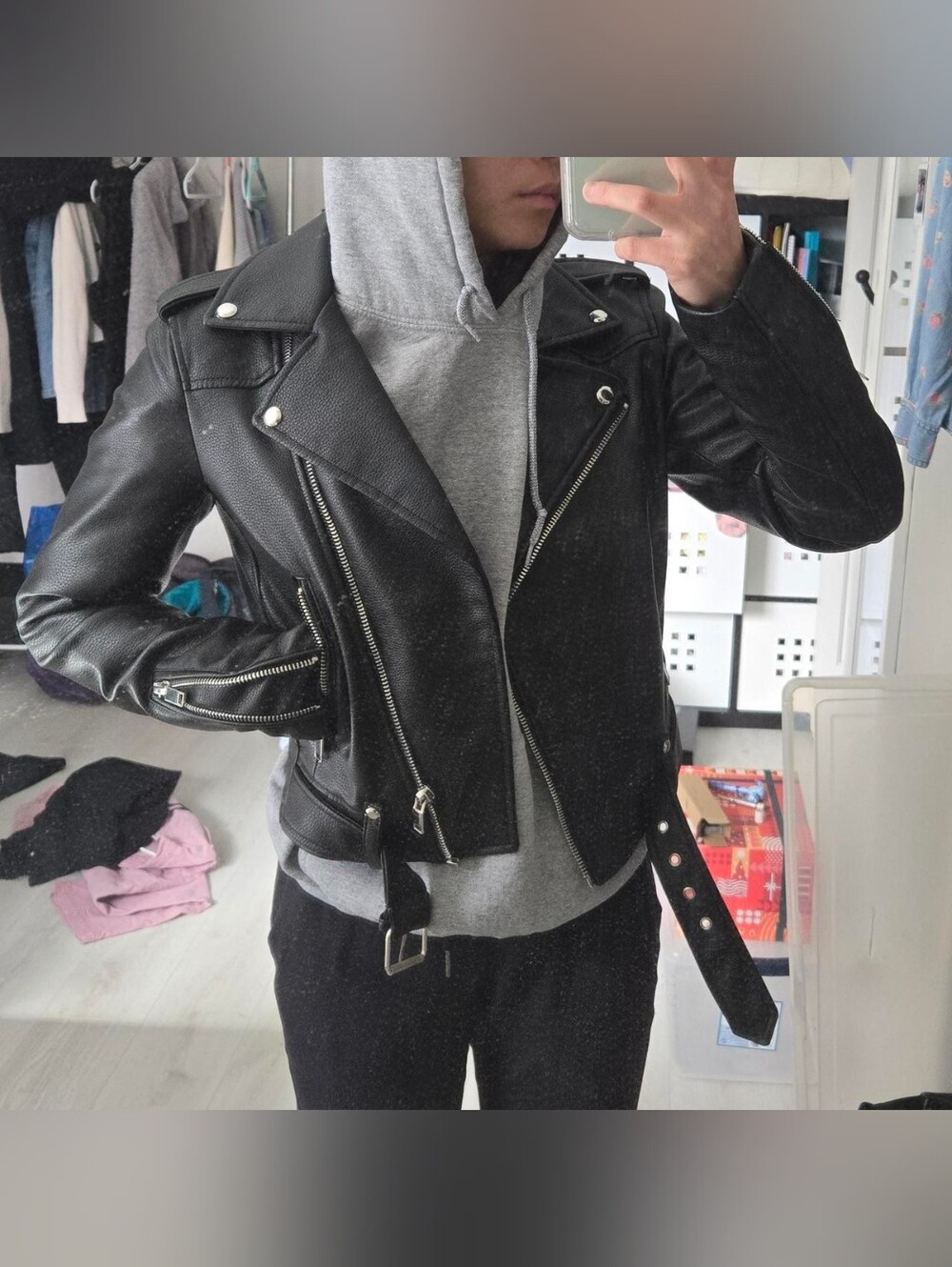 Zara Black Leather Moto Jacket with Silver Hardware